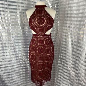 B-Sharp Burgundy Lace Body Con Cocktail Dress